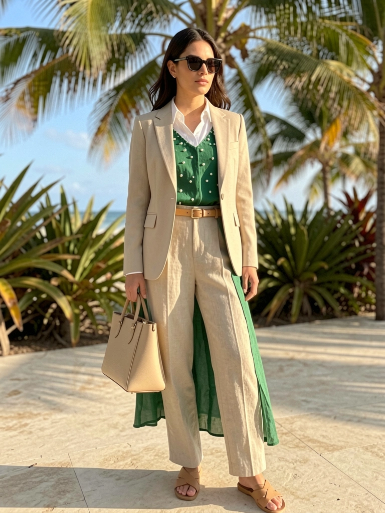 Mulher em terninho bege e vestido verde com pérolas, bolsa bege na mão, luz natural tropical e fundo com brisa.
