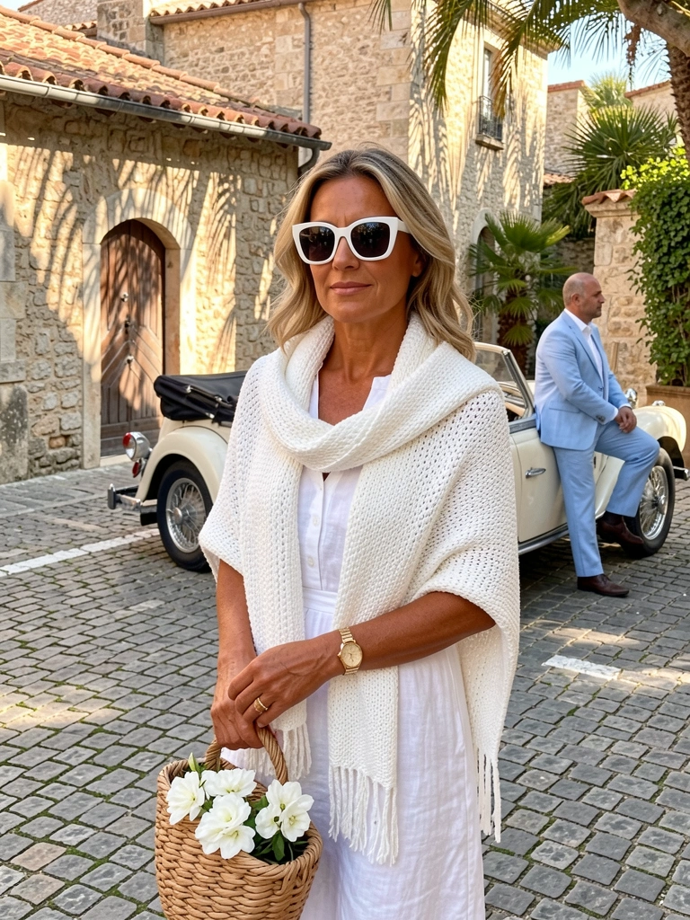 Mulher com vestido branco e chapéu de palha em rua de paralelepípedos, cesta com flores e carro antigo ao fundo, luz natural.