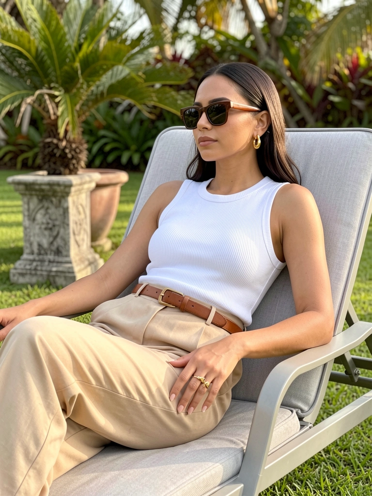 Mulher de óculos escuros, top branco canelado e calça bege sentada em espreguiçadeira cinza-claro sobre gramado, com vaso de planta ao fundo sob luz natural.