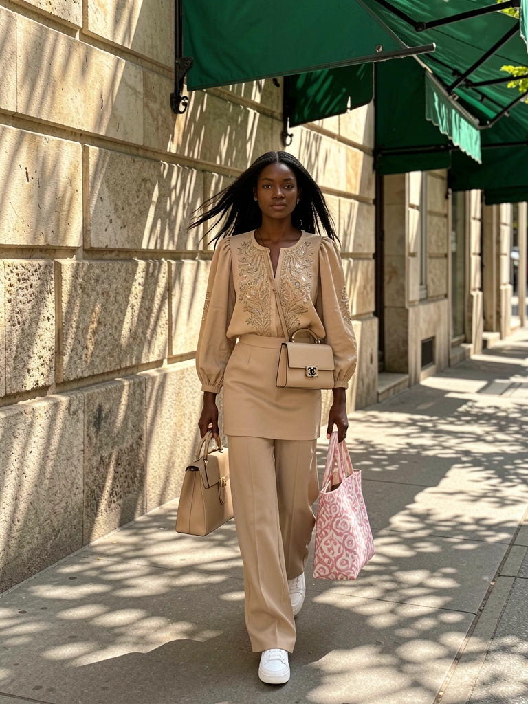 Mulher negra com blusa bege bordada e saia combinando, bolsa Chanel preta e sacola estampada, caminhando em calçada parisiense sob toldos verdes com luz natural e sombras recortadas.