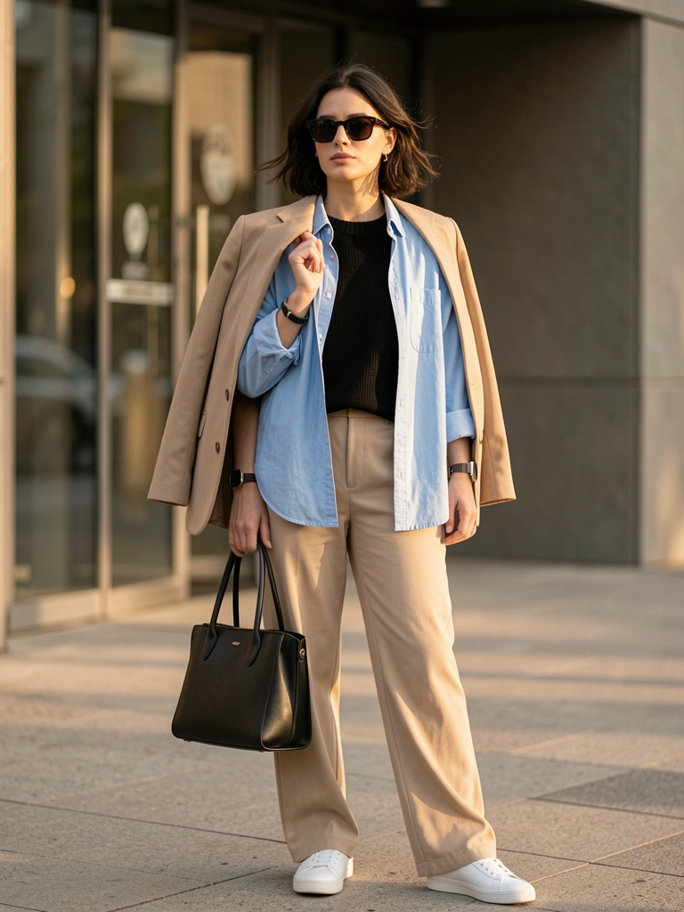 Mulher com camisa azul clara, suéter preto, calça bege e tênis brancos, bolsa preta e blazer bege sobre o ombro, edifício moderno ao fundo.