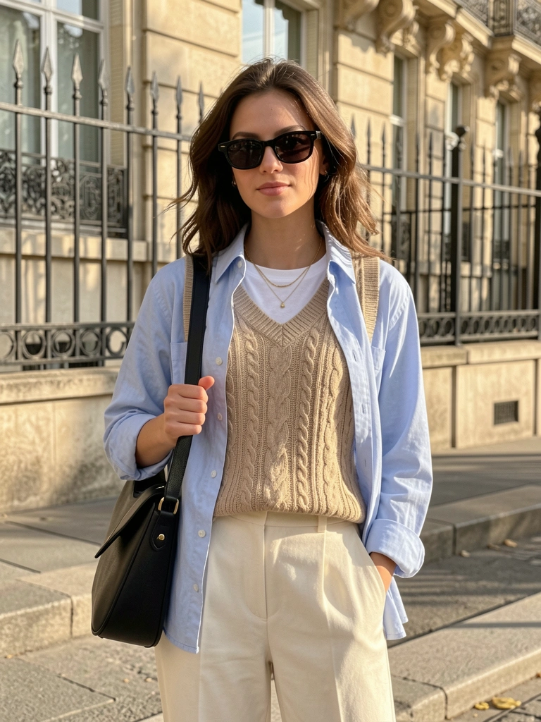 Mulher com blusa azul-clara, colete bege e calça creme, bolsa preta a tiracolo e óculos escuros, em rua parisiense com prédio de pedra e grade de ferro forjado, luz natural quente.