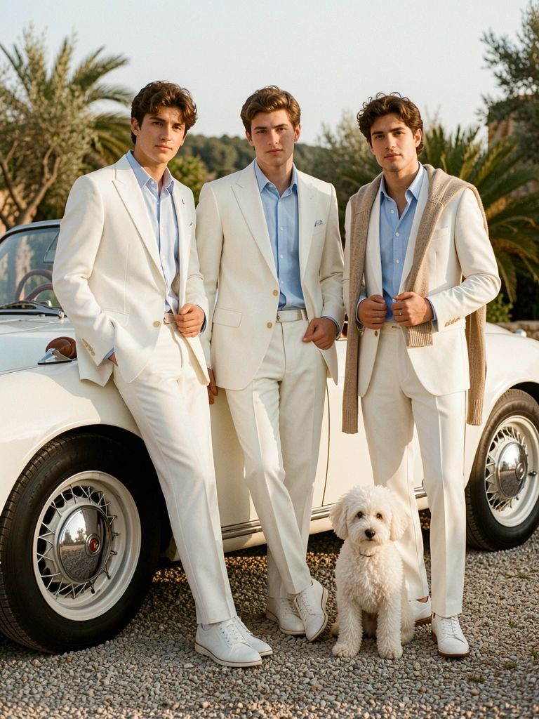 Três homens de terno branco ao lado de um carro clássico branco com volante de couro marrom; um cachorro branco e peludo aos pés, sob luz natural de dia.