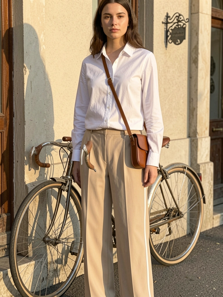 Jovem de camisa branca e calça bege com listra, bolsa de couro, bicicleta vintage encostada em fachada, luz de fim de tarde.