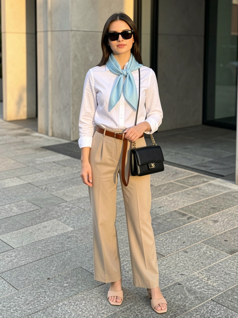 Mulher de camisa branca, calça bege e sandálias nude, segurando cinto marrom, cachecol azul-claro e bolsa Chanel preta, contra parede de pedra cinza com luz natural.
