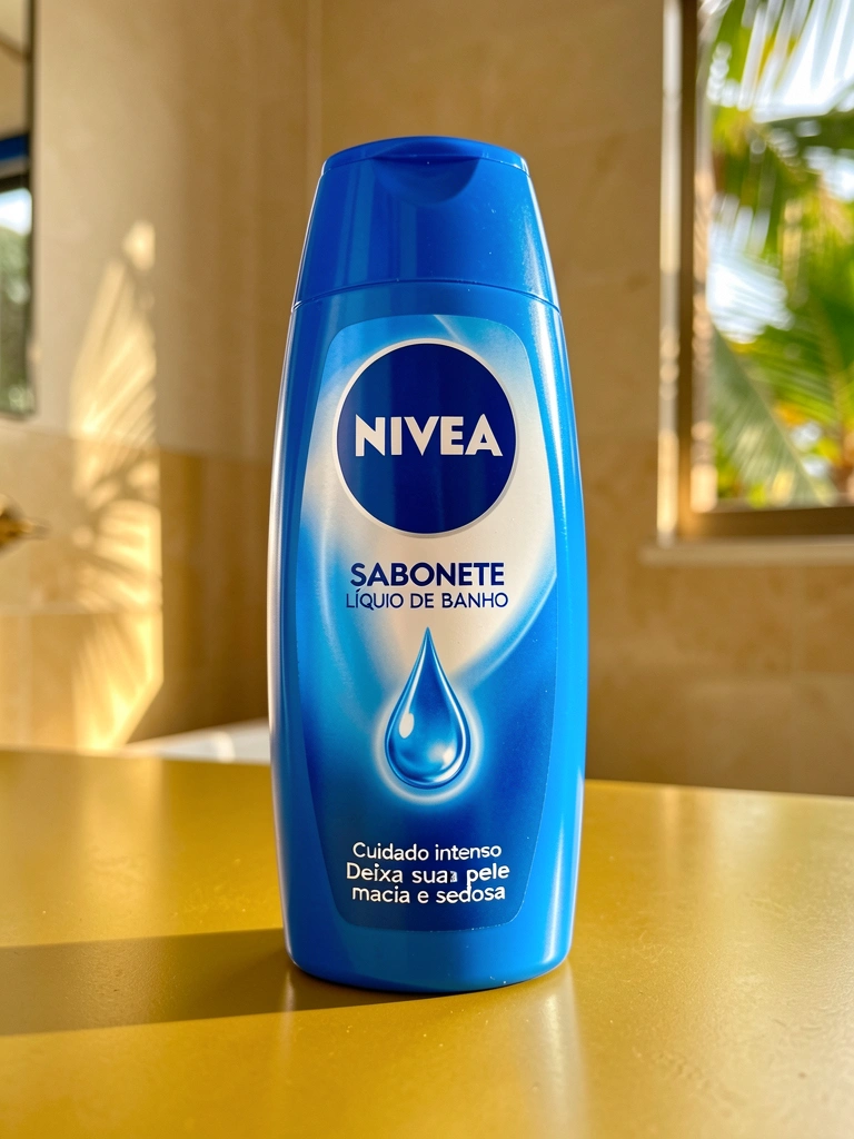 Frasco azul e branco da Nivea sobre superfície amarelo-dourada, luz natural suave e fundo desfocado com claridade tropical.