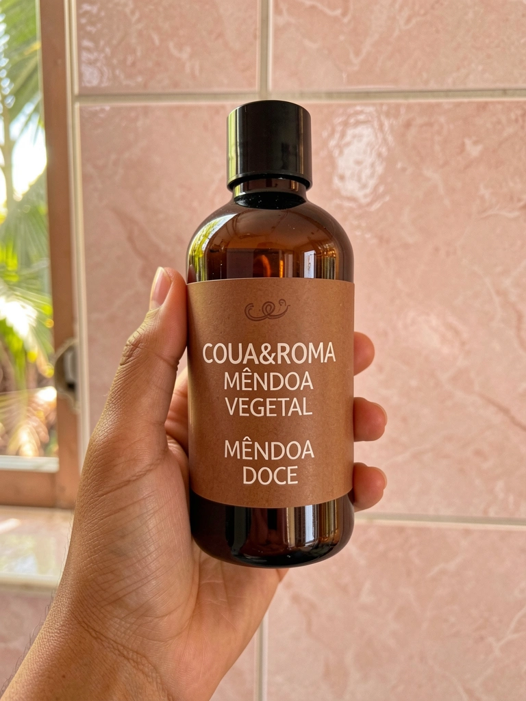 Mão feminina segurando frasco de sabonete líquido âmbar com rótulo marrom, azulejo rosa claro texturizado e luz natural suave.