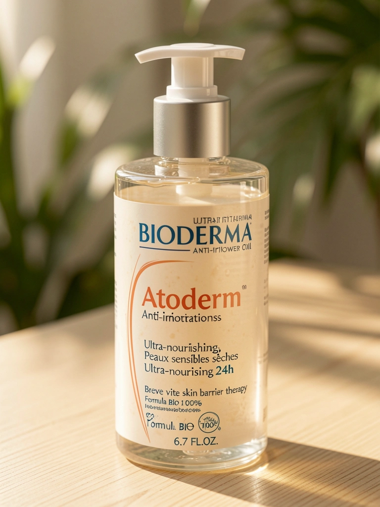 Frasco de óleo de banho Bioderma Atoderm sobre superfície de madeira clara, com luz solar difusa e folhagem verde ao fundo.