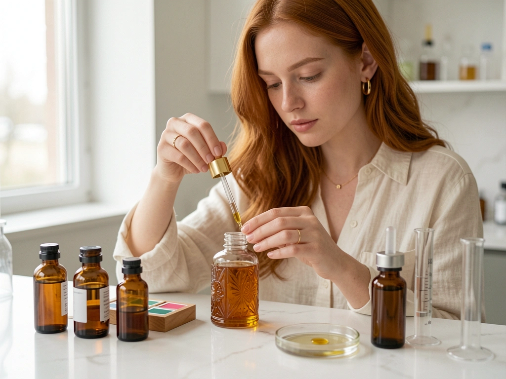 Mãos femininas com anéis de ouro e pipeta dourada sobre bancada de mármore branco, frascos âmbar e luz natural difusa.