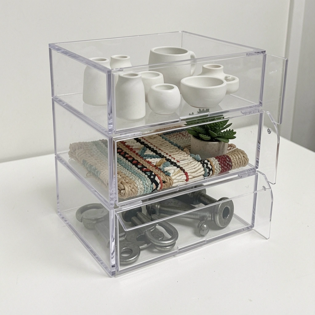 Três ambientes com estilos diferentes: sala minimalista, quarto escandinavo e home office industrial, todos com organizadores.