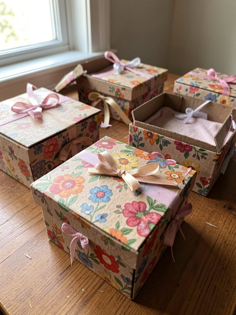 Caixas de tecido e papelão com estampas variadas, empilhadas sobre uma superfície de madeira.
