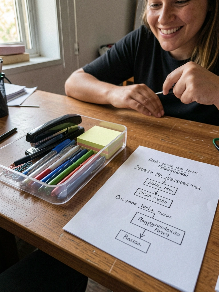 Bandeja de acrílico transparente com objetos de escritório sobre mesa de madeira clara