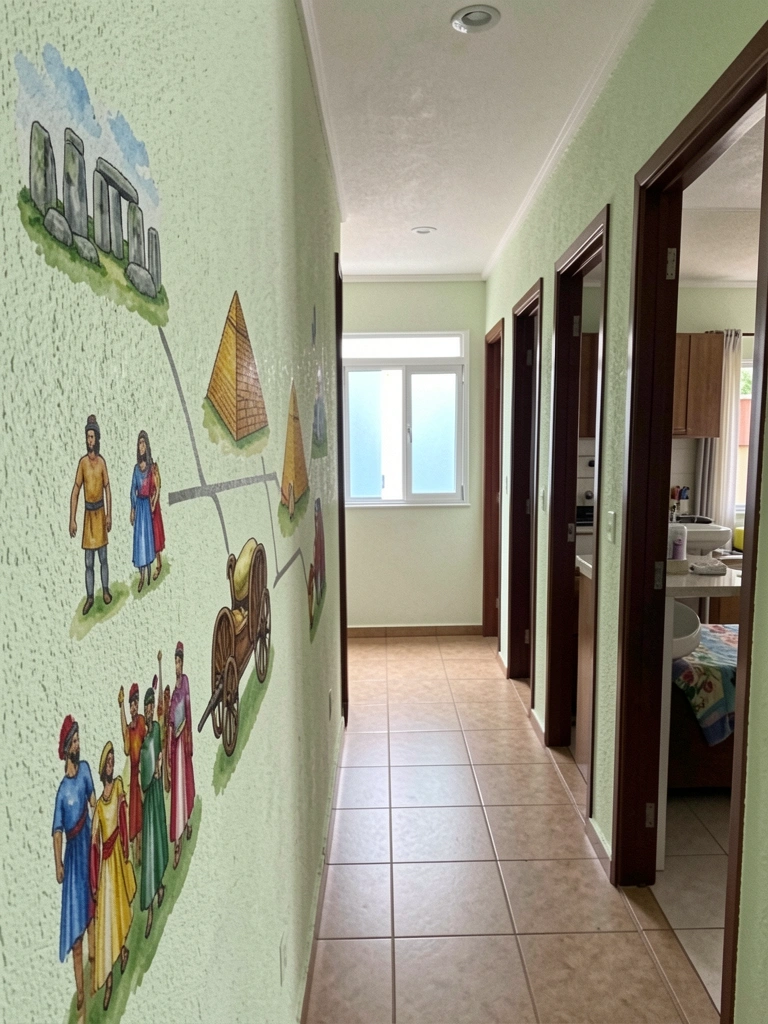 Divisão de cômodos em uma casa: cozinha, quarto, banheiro e sala com móveis e objetos organizados.