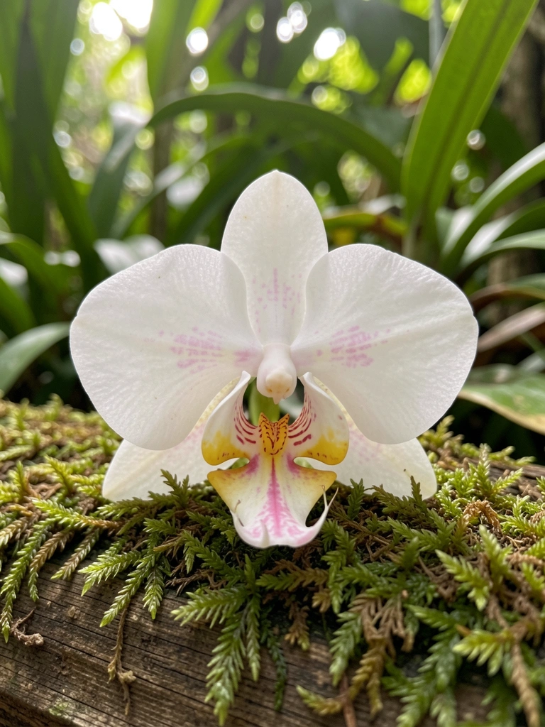 Orquídea branca com detalhes rosa e amarelo sobre musgo em madeira, luz difusa e fundo desfocado de folhagens.