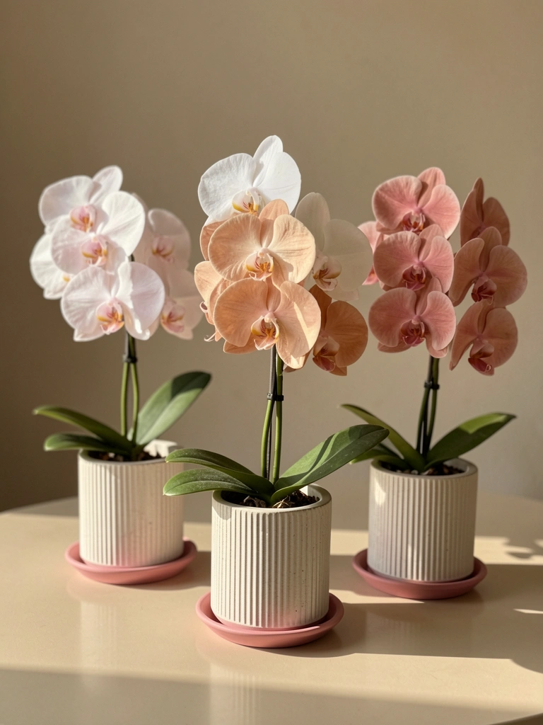 Três orquídeas brancas com tons de rosa em vasos cilíndricos de cerâmica texturizada sobre mesa bege, luz natural suave.