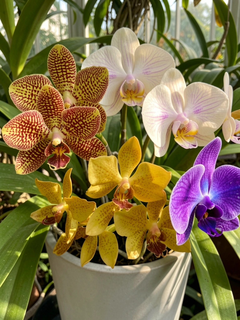 Macro de cinco orquídeas vibrantes: Cattleya com padrões marrom-avermelhados, Phalaenopsis branca com veios roxos, Dendrobium amarelo, Oncidium amarelo com pintas e Vanda roxa, em vaso cinza claro com folhagem verde e luz solar salpicada.