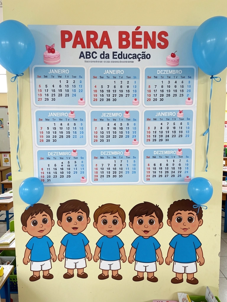 Painel infantil decorado com balões azuis e personagens coloridos.