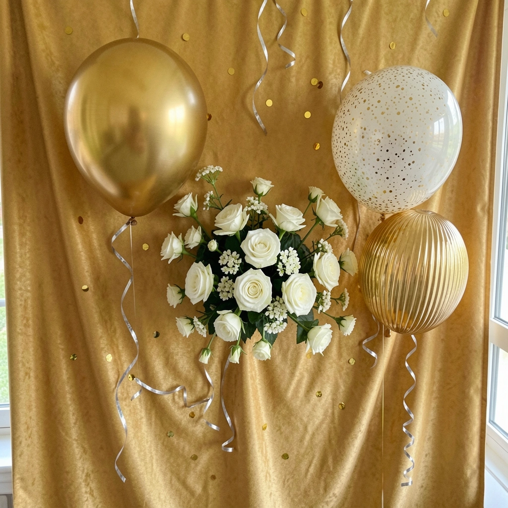 Painel de parede com tecido dourado enrugado e arranjo de flores brancas.