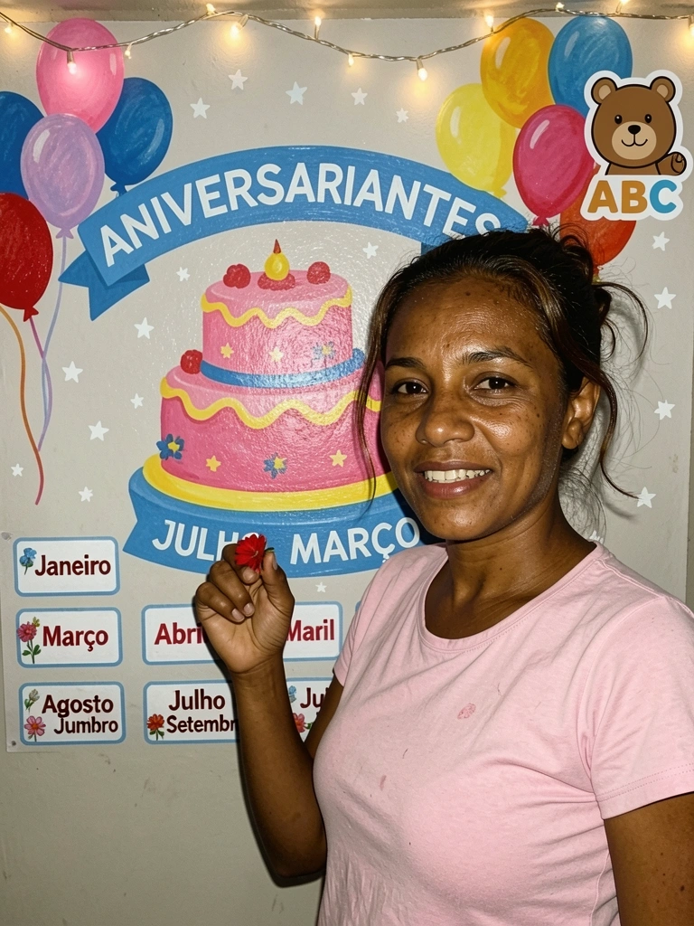 Painel grande de 2 metros decorado com balões coloridos e luzes de festa acesas.