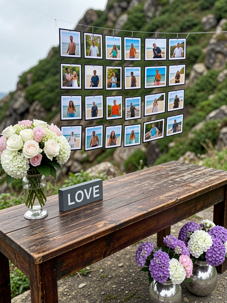 Parede com painel de fotos variadas, coloridas e emolduradas, em ambiente acolhedor.
