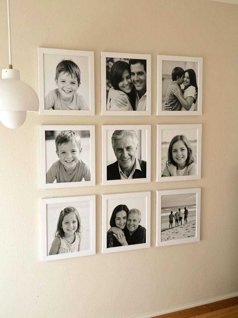 Molduras brancas finas com fotos em preto e branco alinhadas em um painel minimalista.
