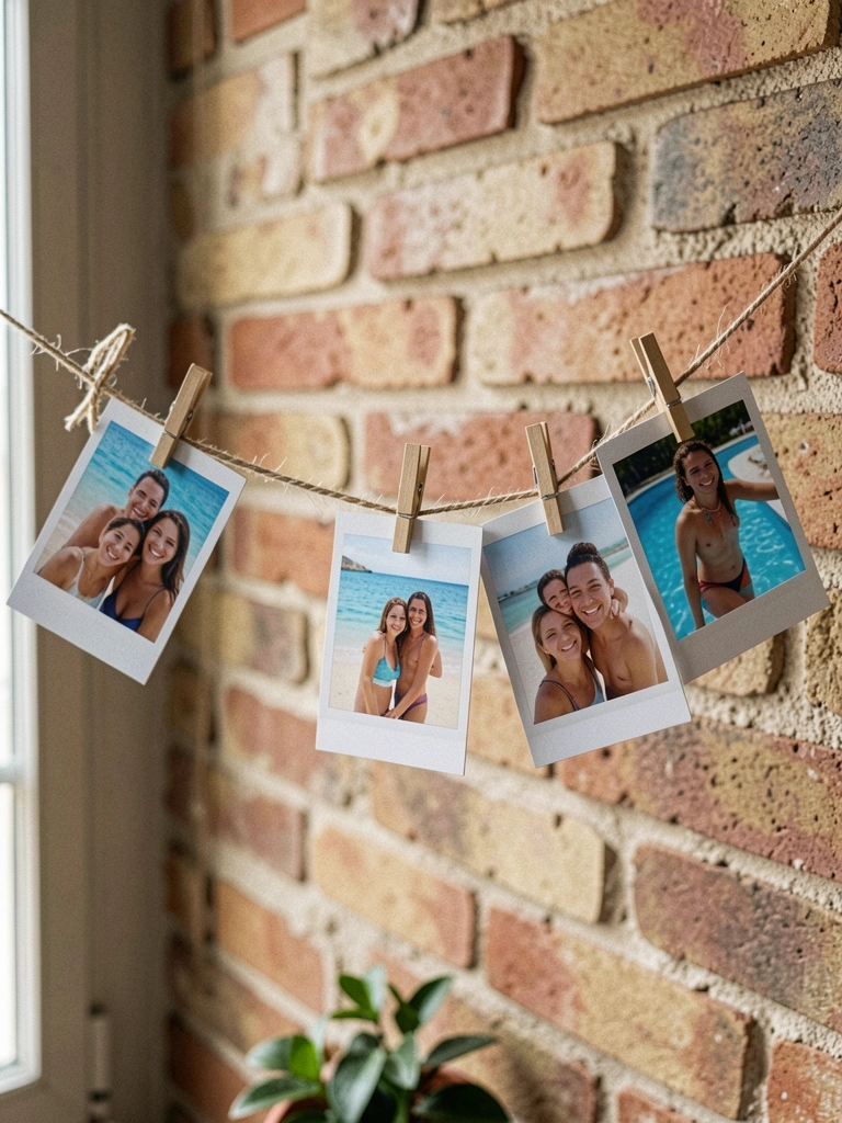 Varal de barbante com fotos presas por pregadores de madeira, fundo de tijolos aparentes.