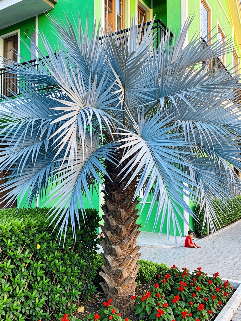 Palmeira azul com frondes prateadas em frente a prédio verde e branco, criança de vermelho na calçada, luz natural.