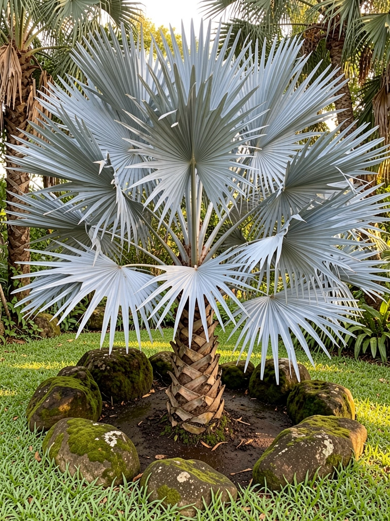 Palmeira azul-prateada com folhas densas e tronco texturizado em solo escuro cercado por musgo e pedras, luz natural filtrada.