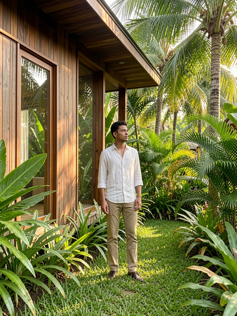 Adulto de camisa de linho clara e calça cáqui em pé em jardim tropical, casa de madeira com janelão ao fundo, luz natural filtrada por folhagens.