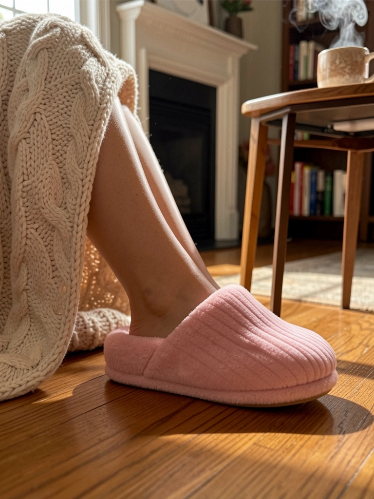Chinelo rosa felpudo sobre piso de madeira, perna feminina e cobertor de malha, caneca fumegante ao lado, lareira e estante desfocados ao fundo.