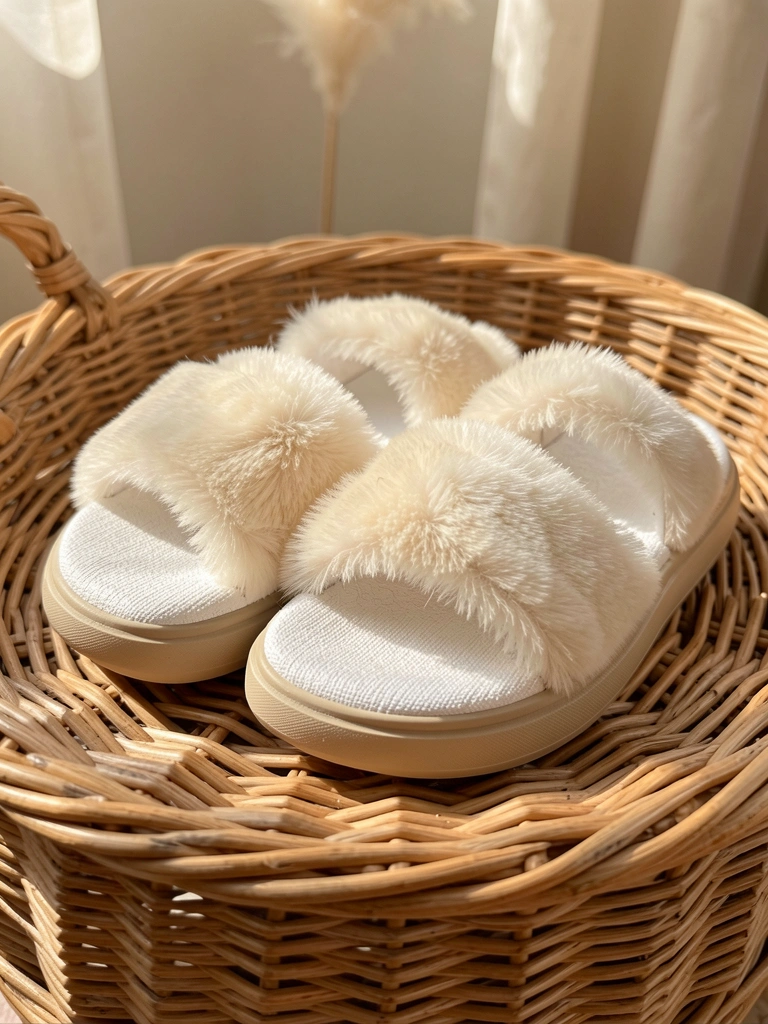 Chinelos de tiras brancas com borda de pelo creme sobre cesto de vime, luz natural suave e sombras leves.
