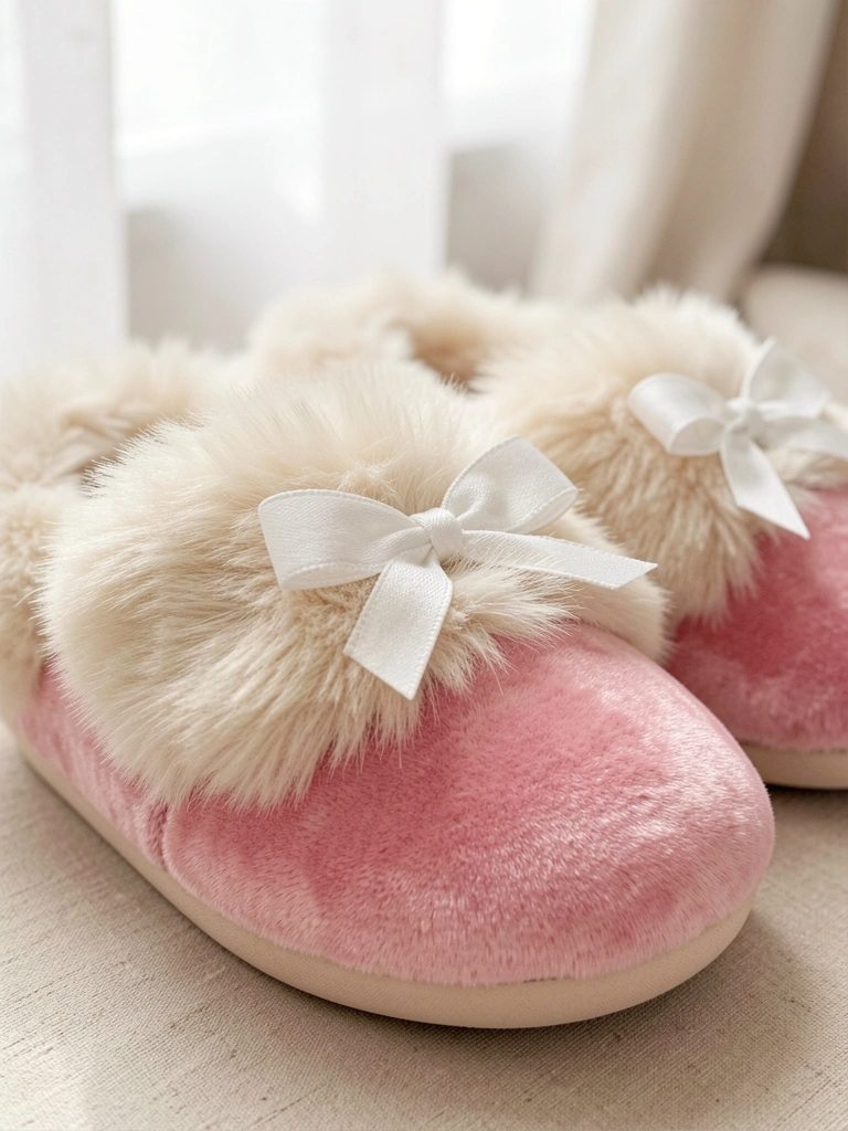 Chinelo de veludo rosa com detalhe de pele creme e laço branco, luz natural difusa focando nas texturas.