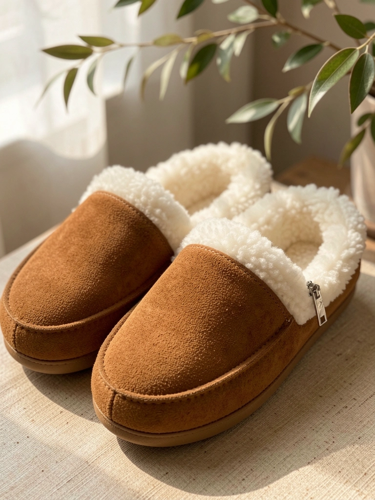 Chinelo de camurça marrom com forro de lã branca e zíper prateado, luz natural difusa e folhas ao fundo.