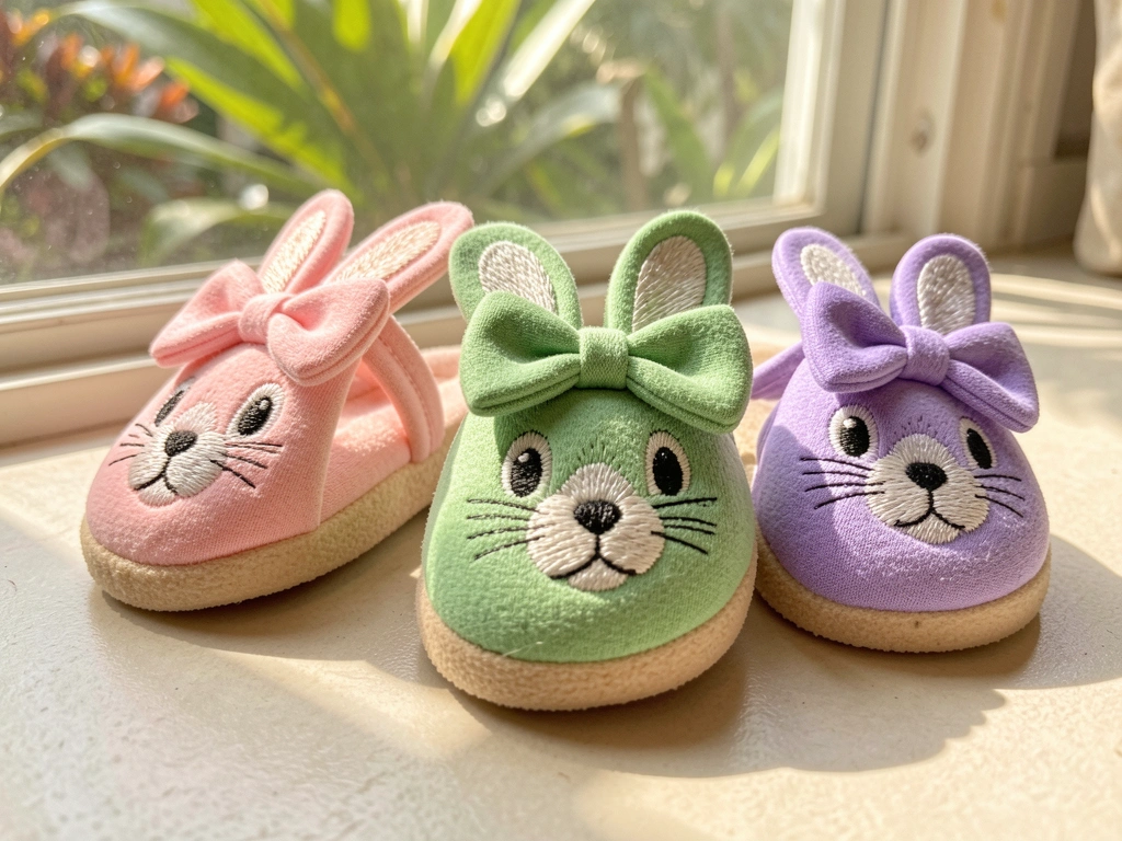 Três sandálias de dedo com rostos de coelho bordados, nas cores rosa, verde e lilás, sobre superfície clara, com luz natural filtrada.