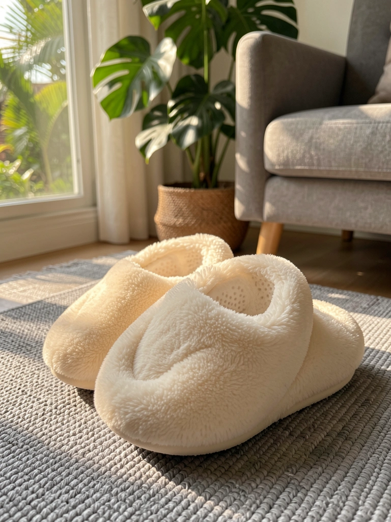 Chinelos felpudos creme sobre tapete cinza, com planta verde e poltrona estofada ao fundo desfocado.