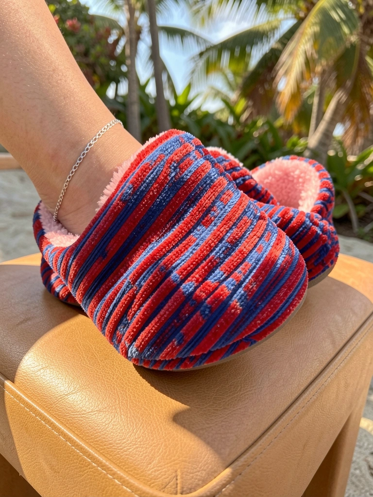 Luz natural incide sobre chinelos de veludo cotelê vermelho e azul, com interior rosa felpudo, sobre pufe de couro claro; pulseira de prata no pulso.