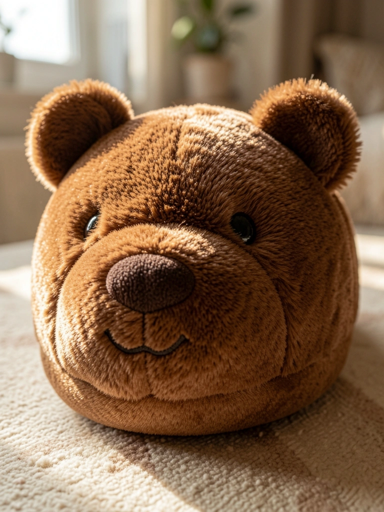 Chinelo felpudo marrom em formato de urso, textura detalhada, luz natural, fundo desfocado.