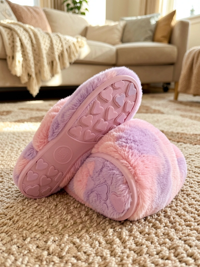 Chinelos felpudos rosa e lavanda com sola texturizada em coração sobre carpete bege, luz natural de dia.