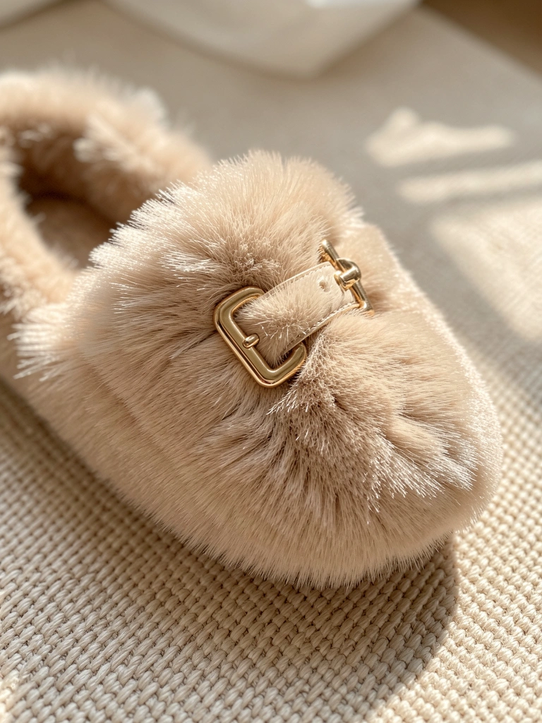 Chinelo de pelúcia bege claro com fivela dourada sobre tapete de trama sutil, luz natural destacando a textura macia.