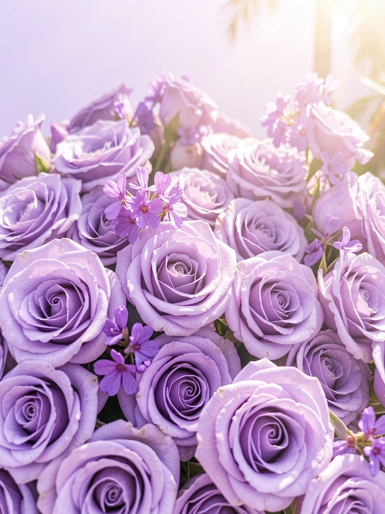 Rosas lavanda e flores roxas aglomeradas, textura aveludada e luz difusa criam um ar etéreo sobre fundo lavanda claro.