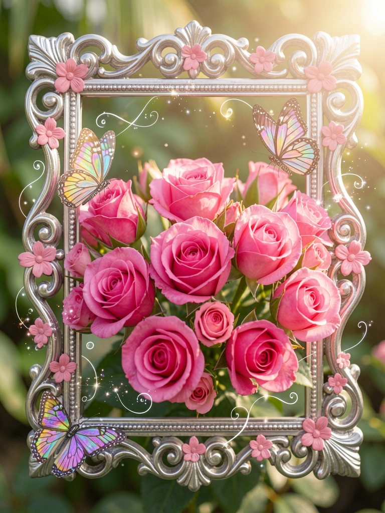 Botões de rosa rosa choque em moldura prateada ornamentada, borboletas iridescentes e luzes cintilantes, luz do dia suave.