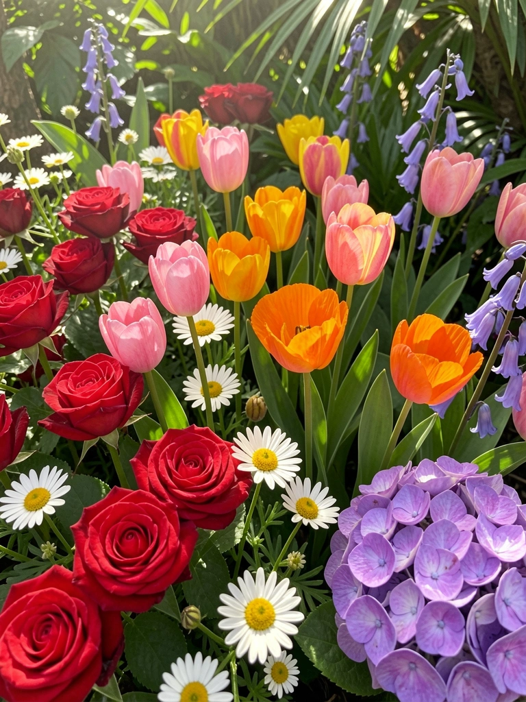 Macro de canteiro denso com rosas vermelhas, tulipas amarelas e hortênsias roxas entre folhagens verdes, luz solar filtrada e textura aveludada.
