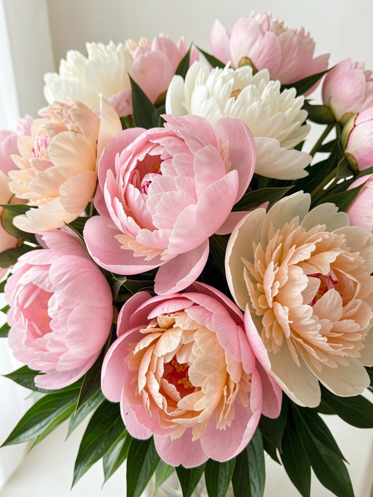 Grande buquê de peônias rosas, pêssego e brancas com folhagem verde, luz difusa realça texturas, fundo off-white desfocado.