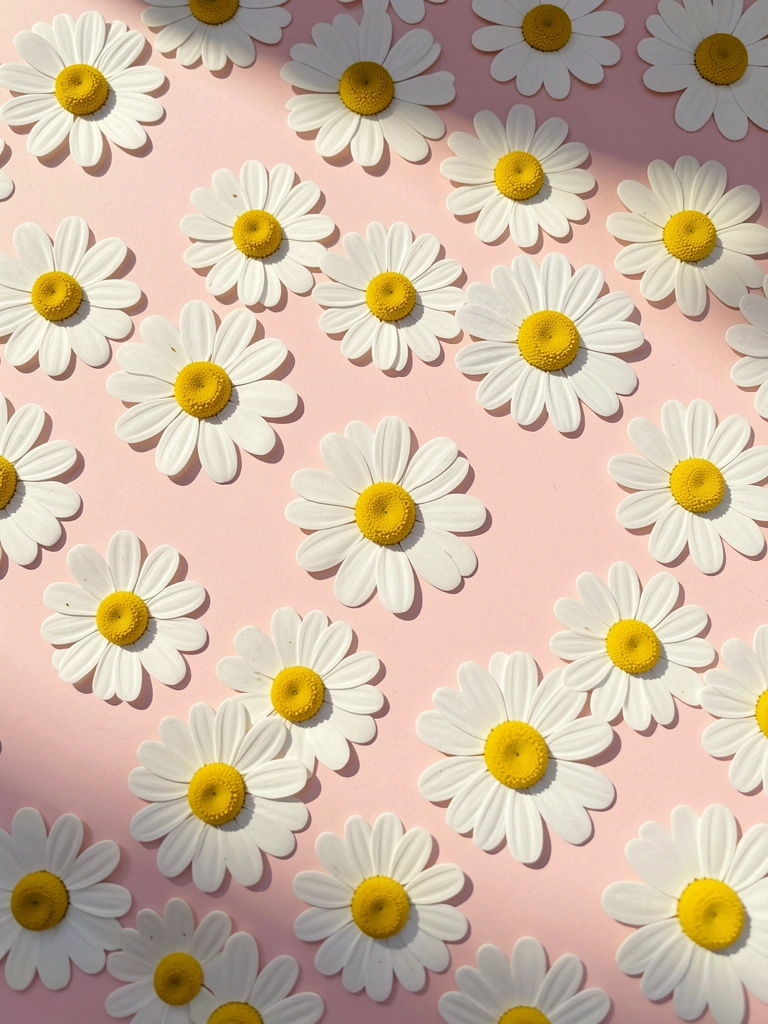 Margaridas brancas estilizadas com centros amarelos espalhadas sobre fundo rosa blush, luz natural suave.