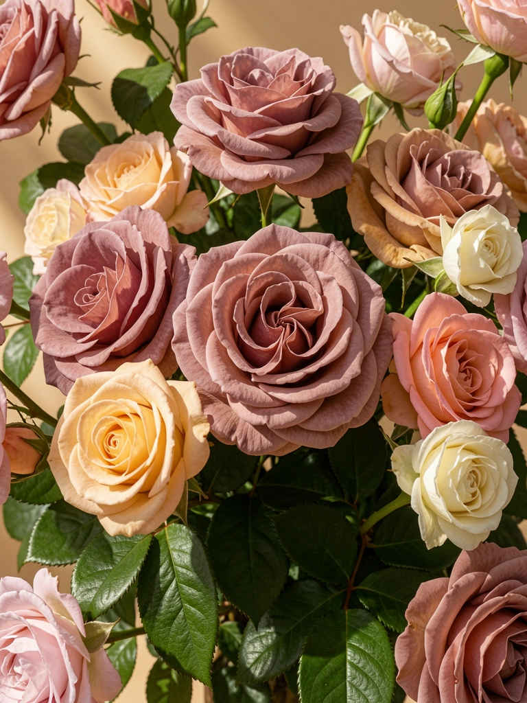 Macro de rosas aveludadas em tons de malva, pêssego e rosa poeira com folhas verdes, luz solar suave e fundo bege.