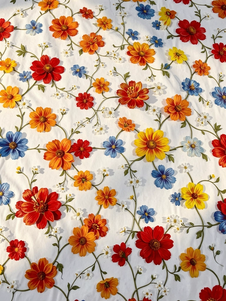 Flores vermelhas, laranjas, amarelas e azuis com vinhas retorcidas em fundo branco, luz natural suave.