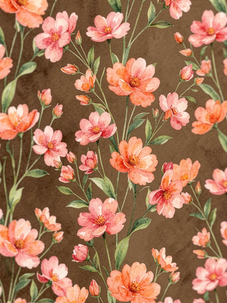 Padrão contínuo de aquarela com flores cor-de-rosa e coral, folhas verdes e fundo marrom fosco, luz difusa e suave.