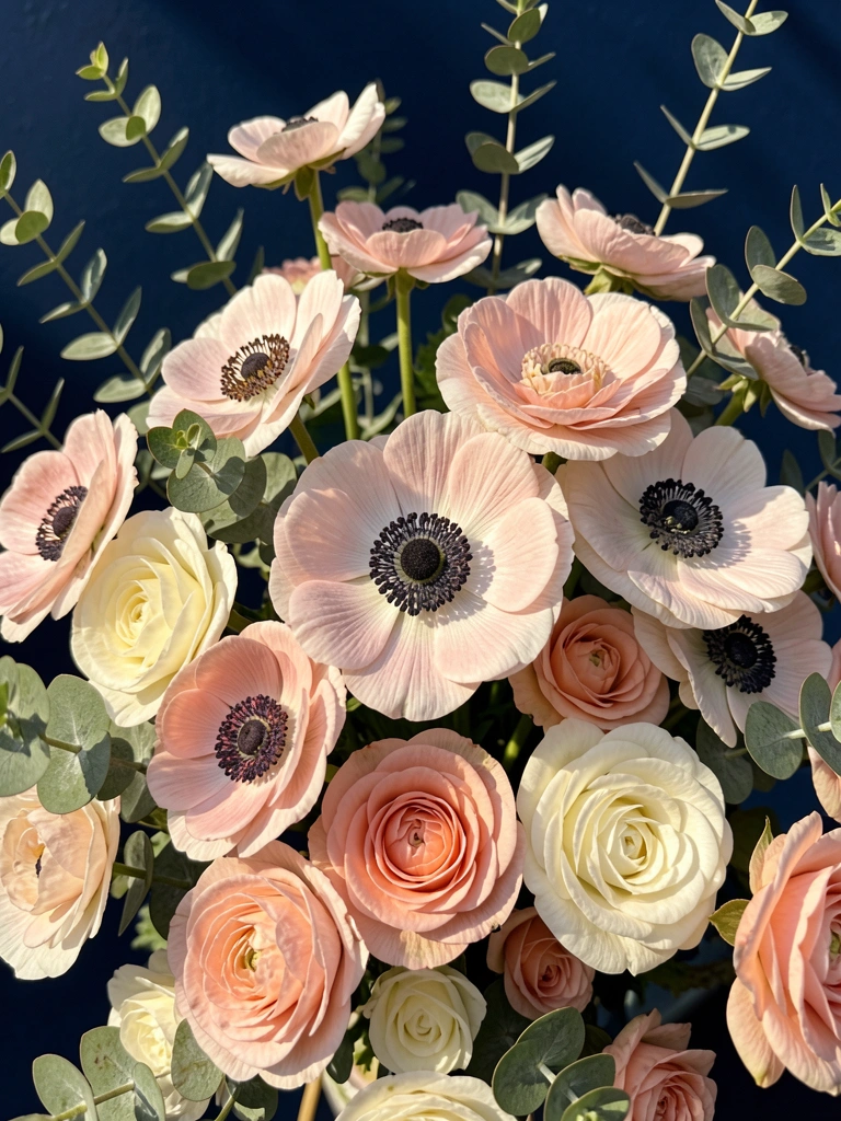 Macro de rosas e anêmonas blush e brancas com eucalipto sobre fundo azul marinho escuro, luz natural.