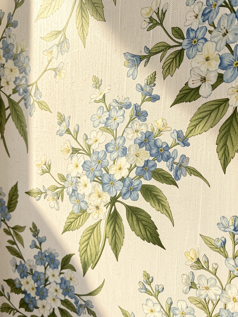 Papel de parede com padrão floral delicado, flores azuis e brancas com detalhes amarelos, folhas verdes entrelaçadas, textura de linho, luz natural.
