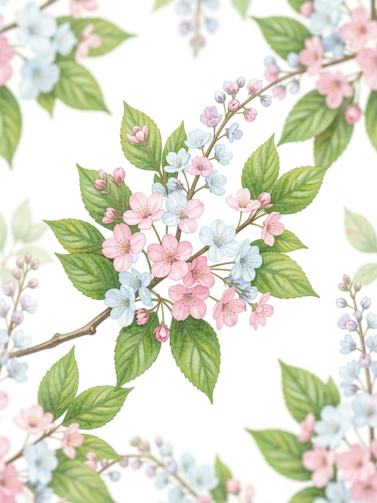 Galho floral rosa e azul claro com folhas verdes, aquarela botânica realista em fundo branco, foco suave.